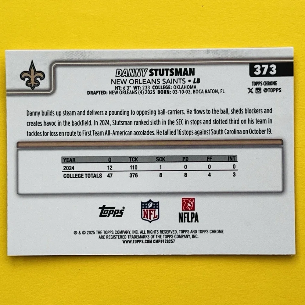 2025 Topps Chrome NFL Football Danny Stutsman RC #373 New Orleans Saints Rookie